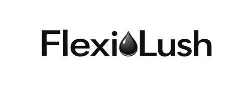 FlexiLush logo with a black droplet symbol on a white background